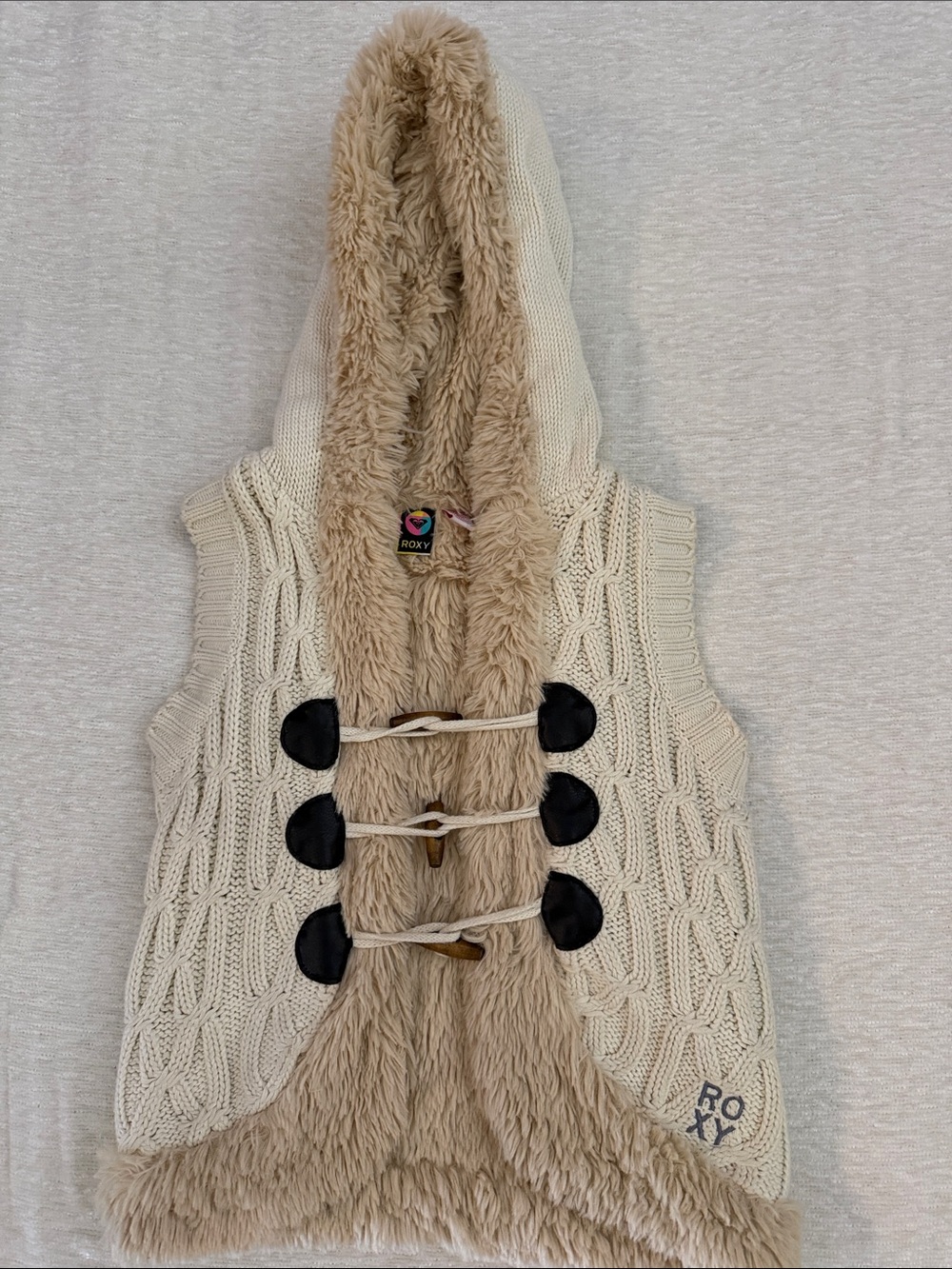 Roxy Cream Cable-Knit Hooded Vest with Beige Faux Fur Trim